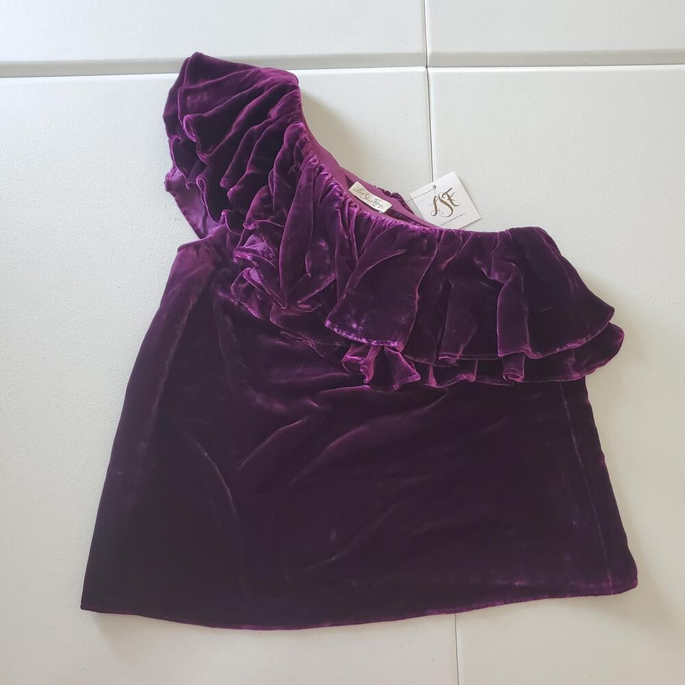 LoveShackFancy Tanya Top Womens XS Purple Velvet One Shoulder Ruffle Party Goth